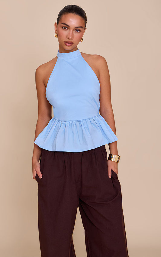Blue Cotton Highneck Backless Long Top