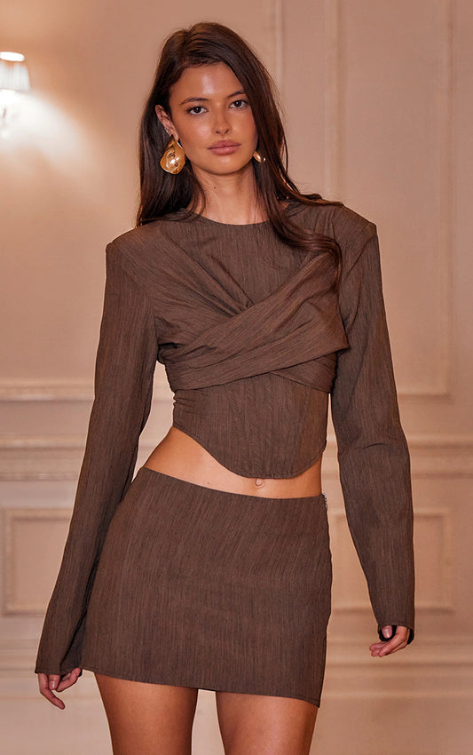 Chocolate Brown Tailored Draped Bust Detail Corset Top