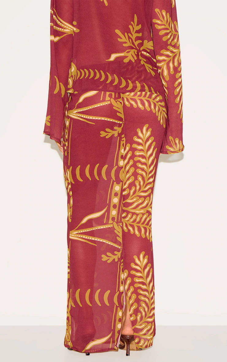 Brown Sheer Floral Tie Side Maxi Skirt