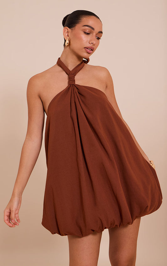 Chocolate Halterneck Puffball Mini Dress