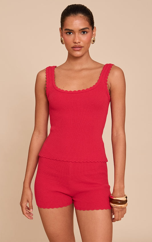 Red Knitted Scallop Edge High Waisted Shorts