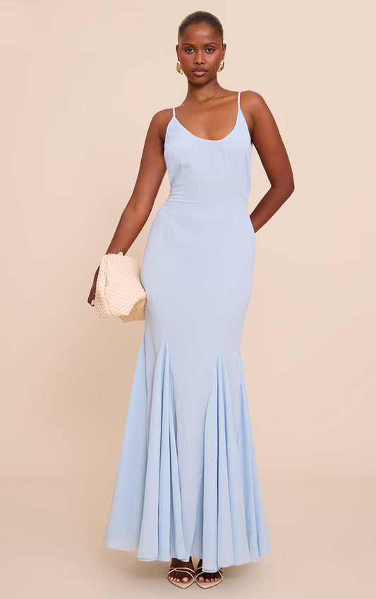 Pale Blue Chiffon Scoop Neck Cowl Back Sleeveless Maxi Dress