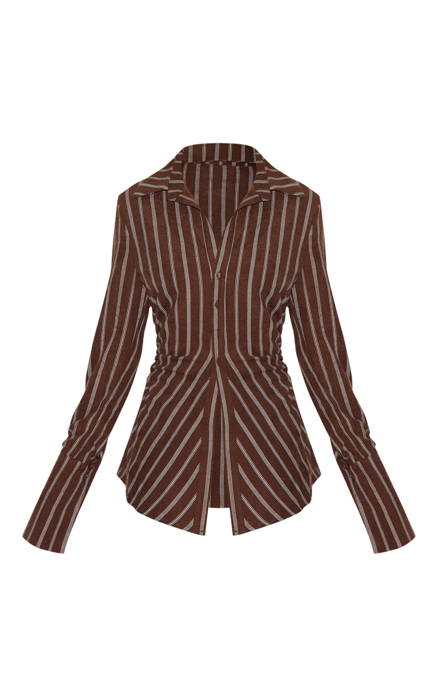 Brown Striped Asymmetric Cinched Deep Cuff Shirt