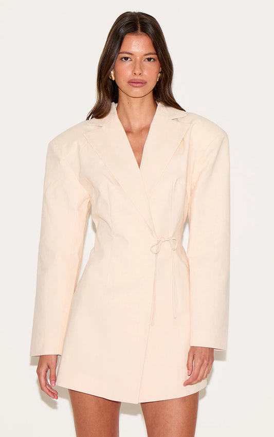 Cream Linen Blend Tie Detail Blazer Dress