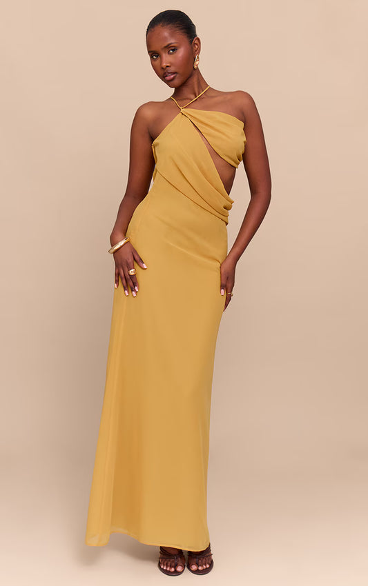 Mustard Chiffon Cut Out Draped Maxi Dress