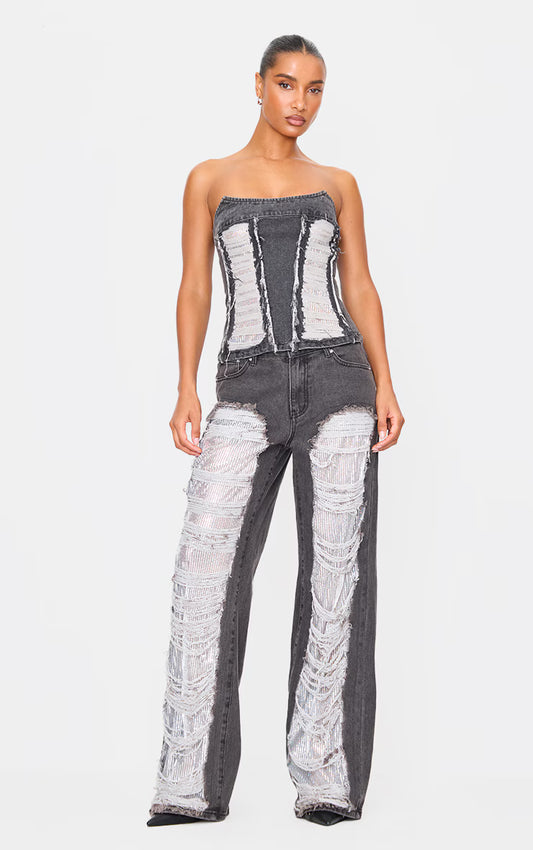 Washed Black Extreme Distressed Sequin Panel Straight Leg Jeans