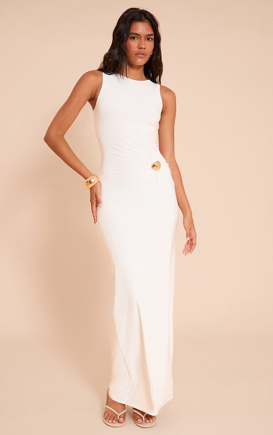Cream Slinky Gold Trim Sleeveless Maxi Dress