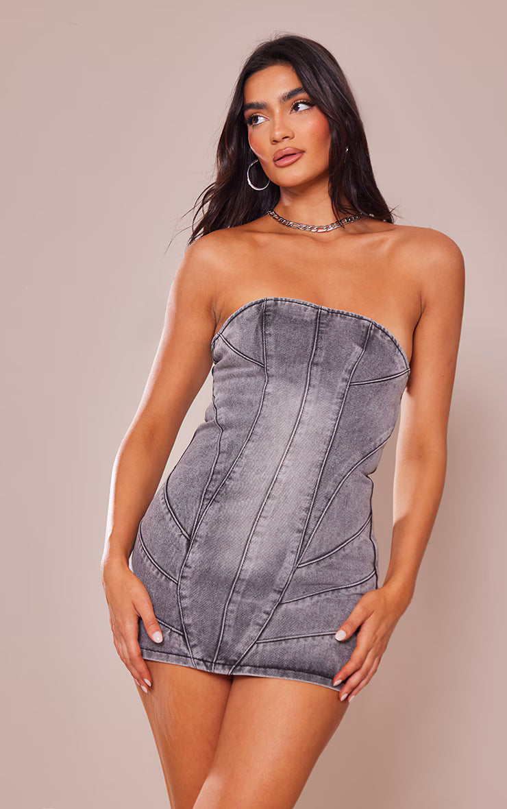 Washed Grey Seam Detail Bandeau Denim Mini Dress