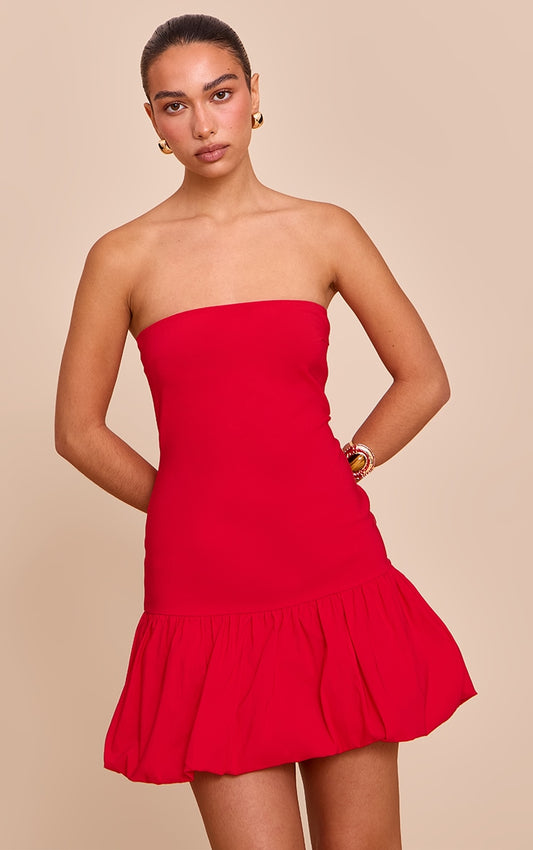 Red Stretch Woven Bandeau Puffball Dress
