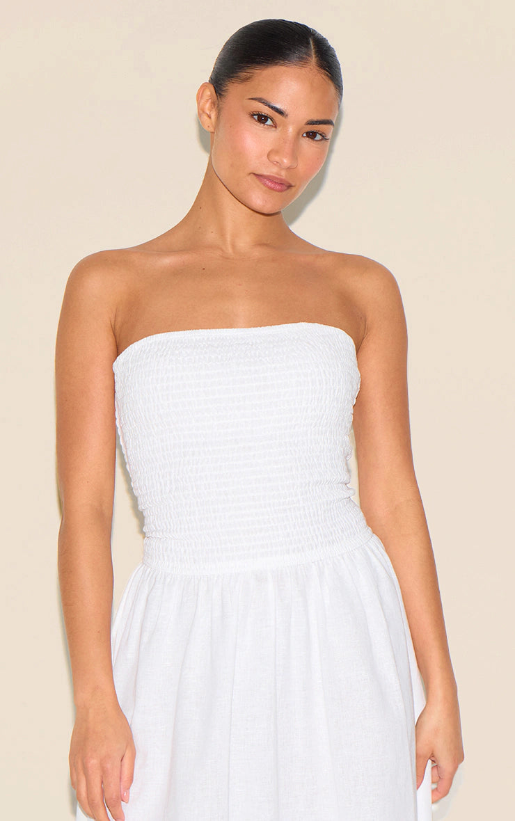 Petite White Bandeau Shirred Detail Maxi Dress