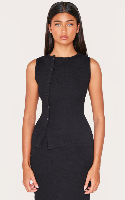 Black Ribbed Asymmetric Button Up Vest Top