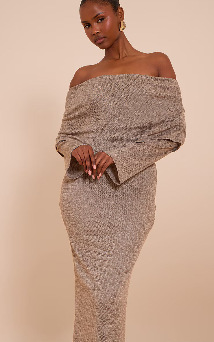 Mocha Textured Bardot Foldover Maxi Dress