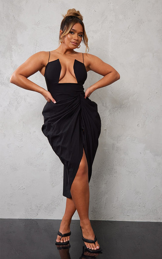 Shape Black Woven Cut Out Detail Ruched Midi Dress