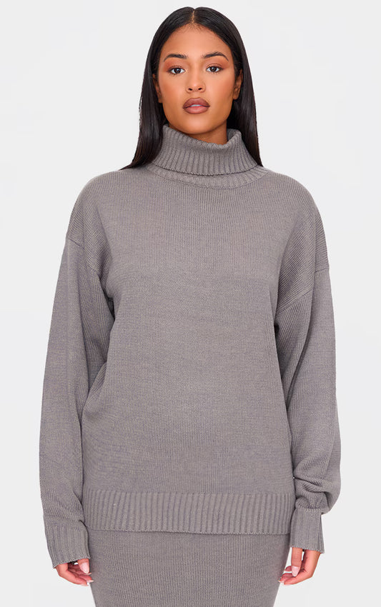 Tall Grey Soft Knit Roll Neck Oversized Sweater