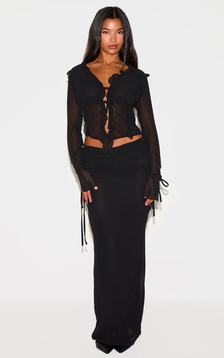 Black Chiffon Ruffle Tie Front Blouse