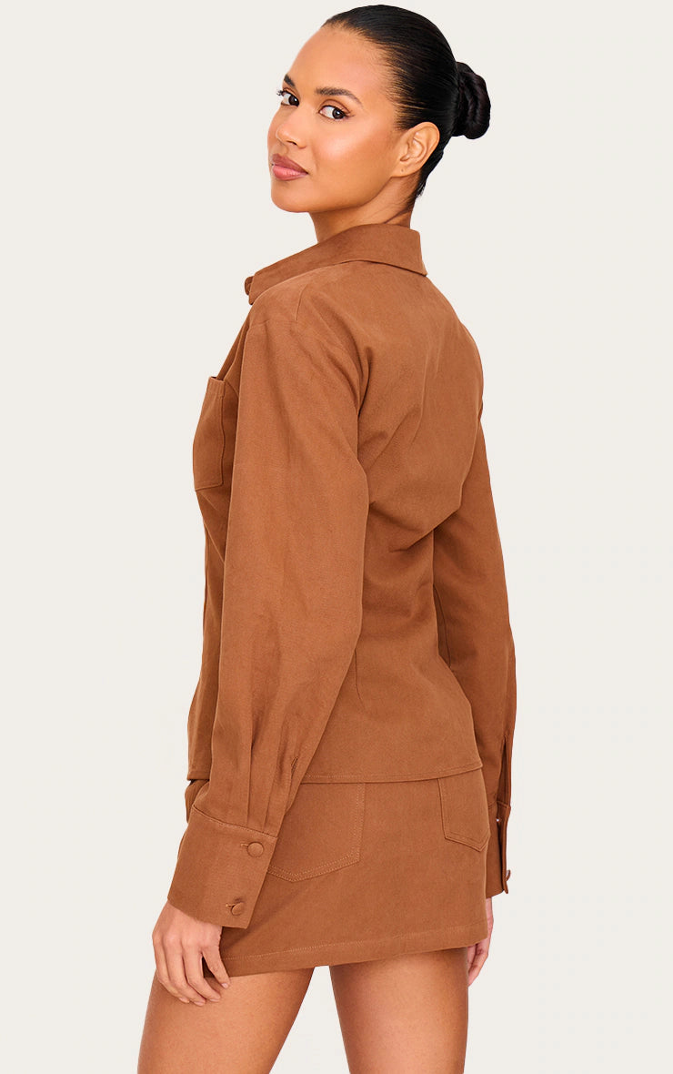Tan Twill Button Up Cinched Waist Shirt