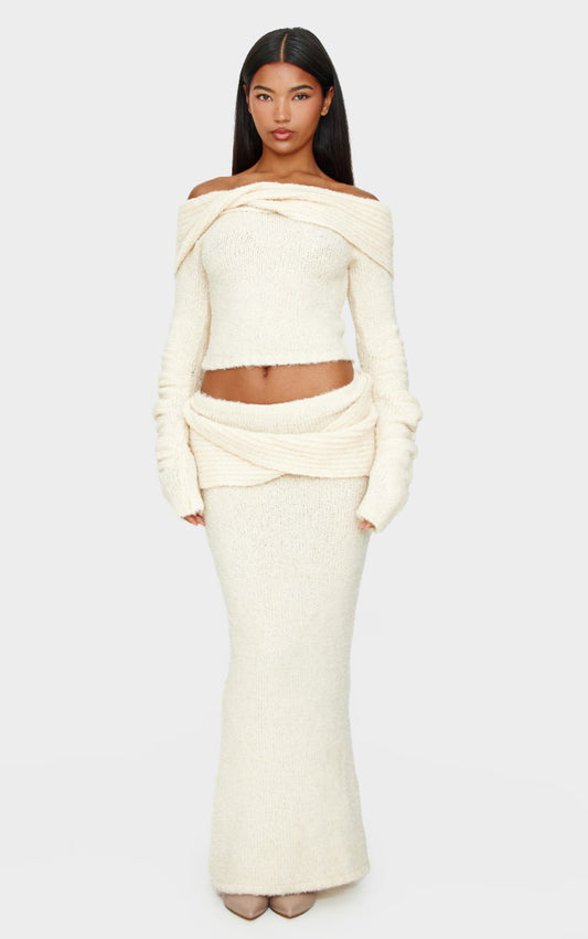 Cream Soft Bobble Knit Foldover Maxi Skirt