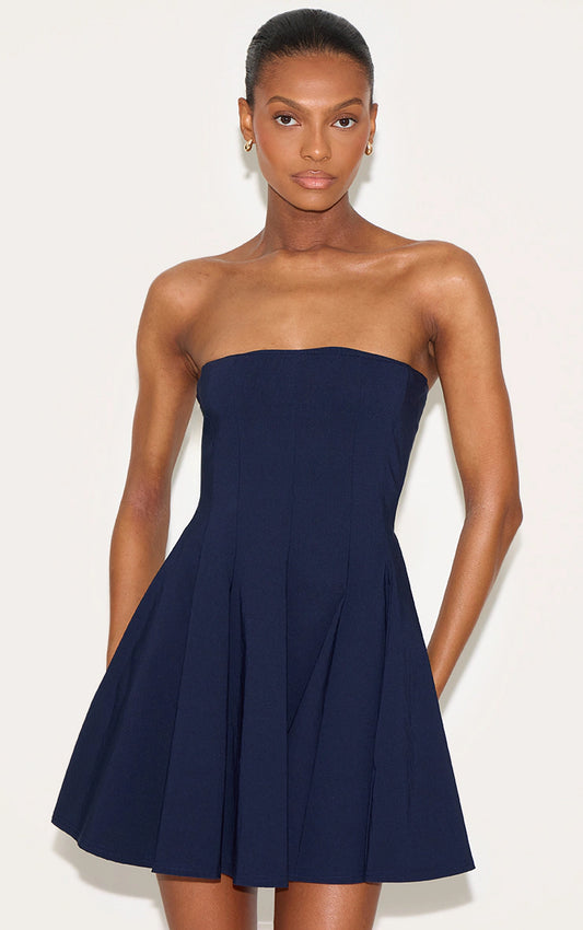 Navy Stretch Woven Bandeau Pleated Shift Dress