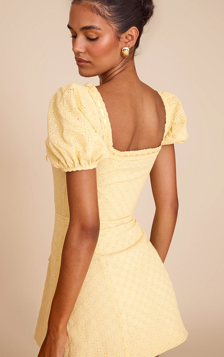 Yellow Broderie Puff Sleeve A-line Mini Dress