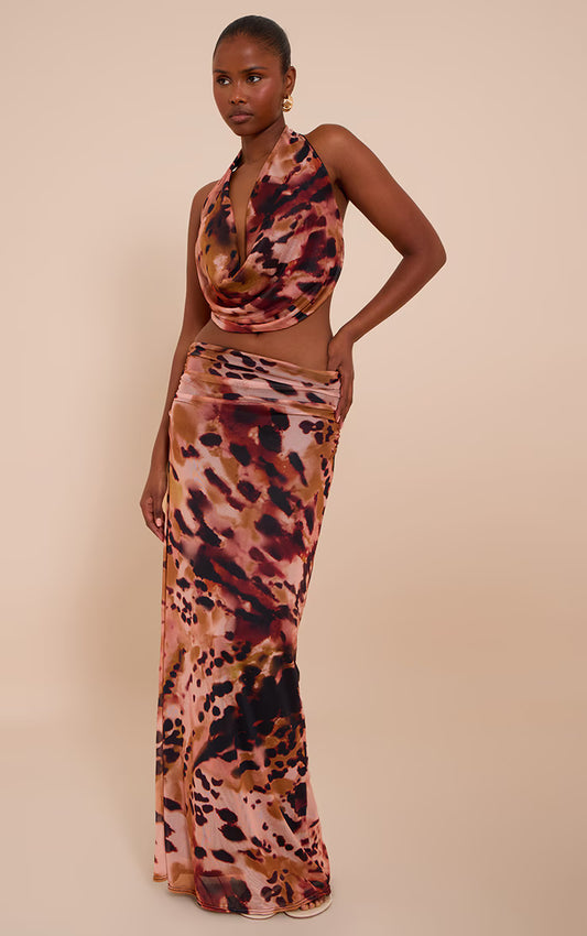 Multi Abstract Print Mesh Maxi Skirt