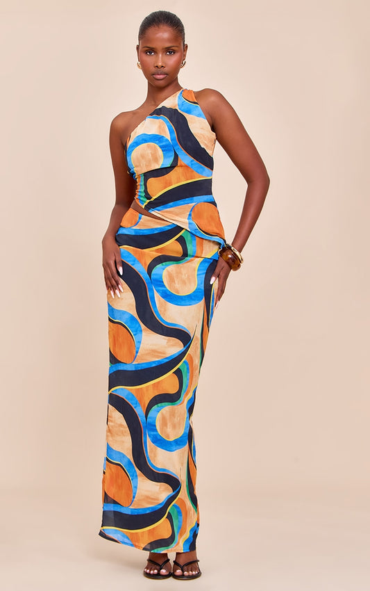 Multi Abstract Print Chiffon Maxi Skirts