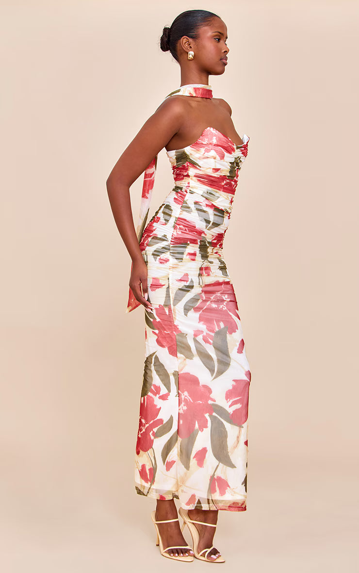 Red Floral Printed Scarf Detail Ruched Maxi Dress