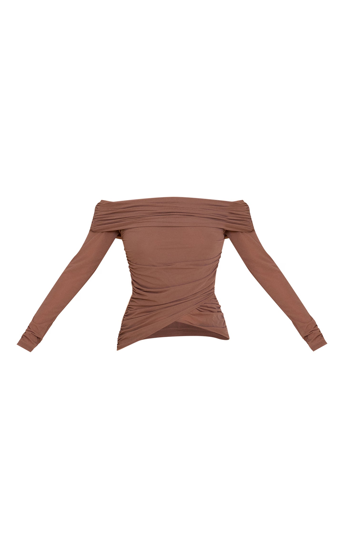Mushroom Stretch Chiffon Ruching Bardot Detail Long Sleeve Top