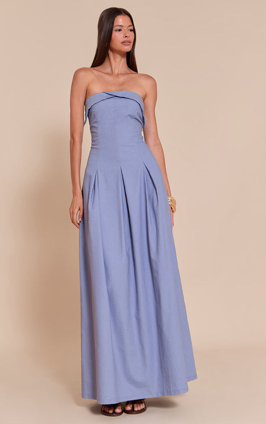 Light Blue Bandeau Pleated Midaxi Dress