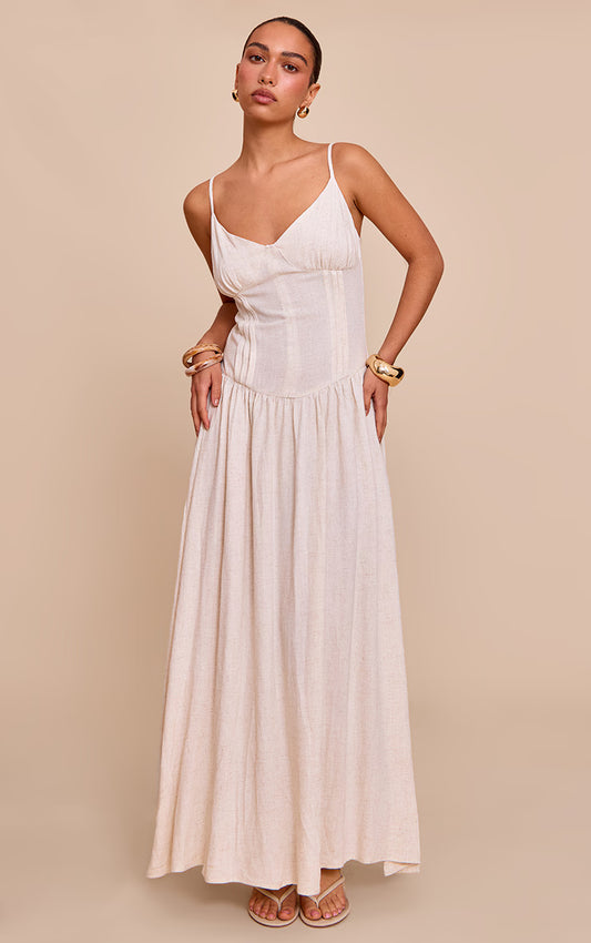 Natural Textured Woven Pleat Detail Maxi Dress