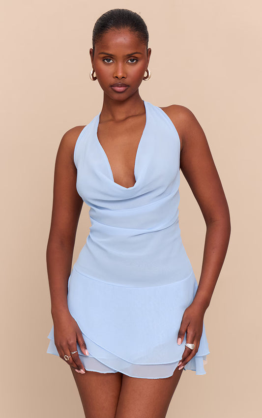 Baby Blue Chiffon Cowl Neck Ruched Mini Dress