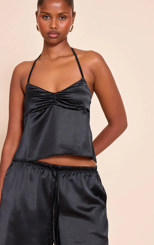 Black Satin Ruched Backless Tie Cami Top