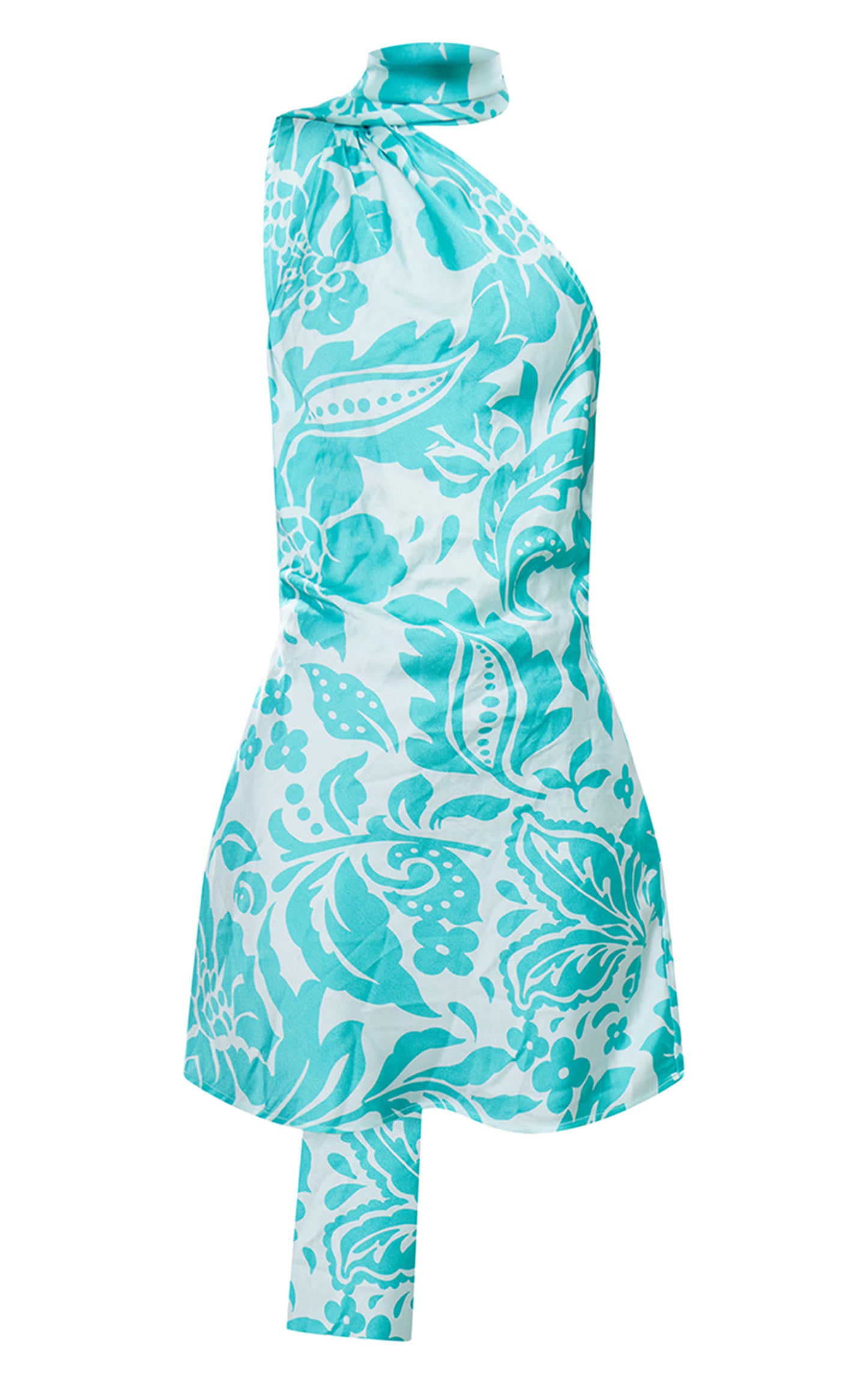 Turquoise Floral Printed Satin Scarf Detail Bodycon Dress