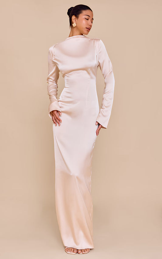 PLT Label Oyster Satin Cowl Back Maxi Dress