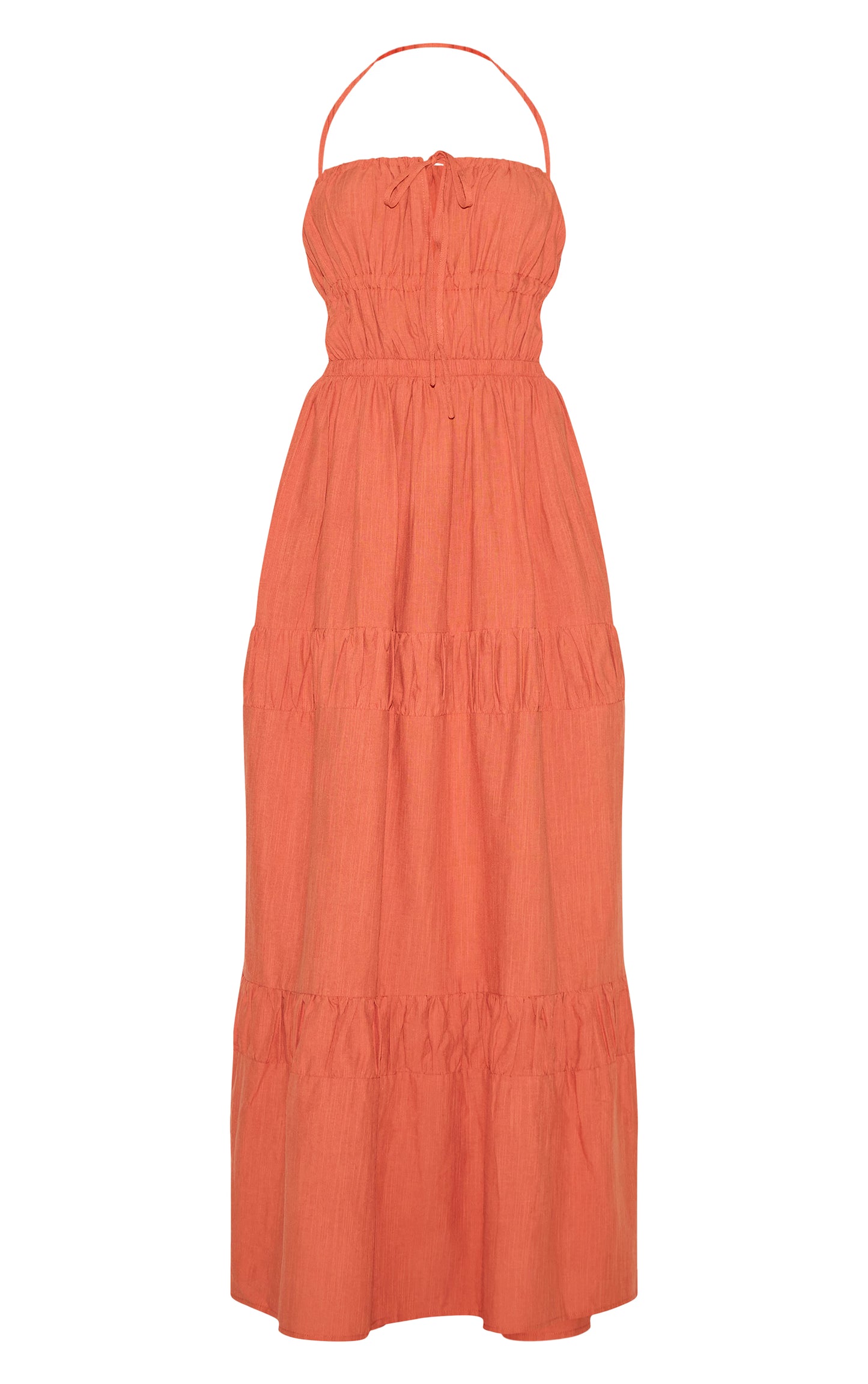 Rust Ruched Backless Strappy Maxi Dress