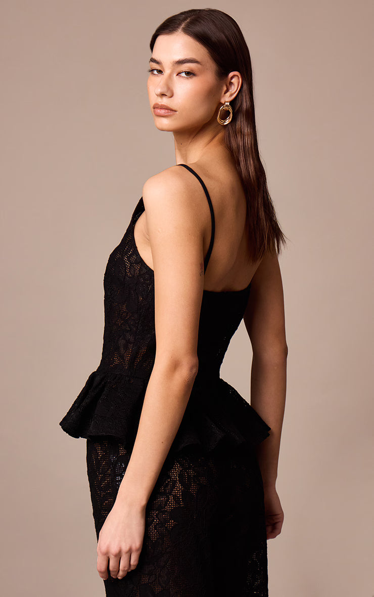 Black Sheer Lace Peplum Sleeveless Top
