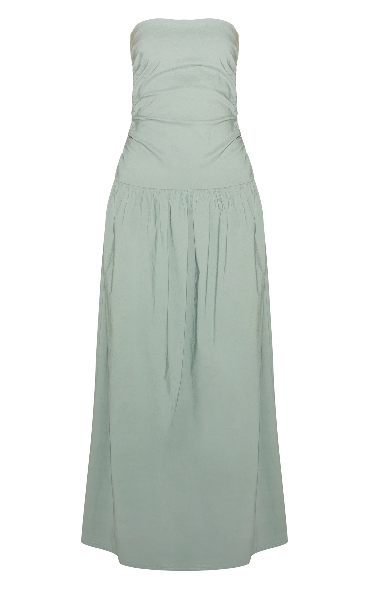 Sage Stretch Woven Bandeau Ruched Maxi Dress