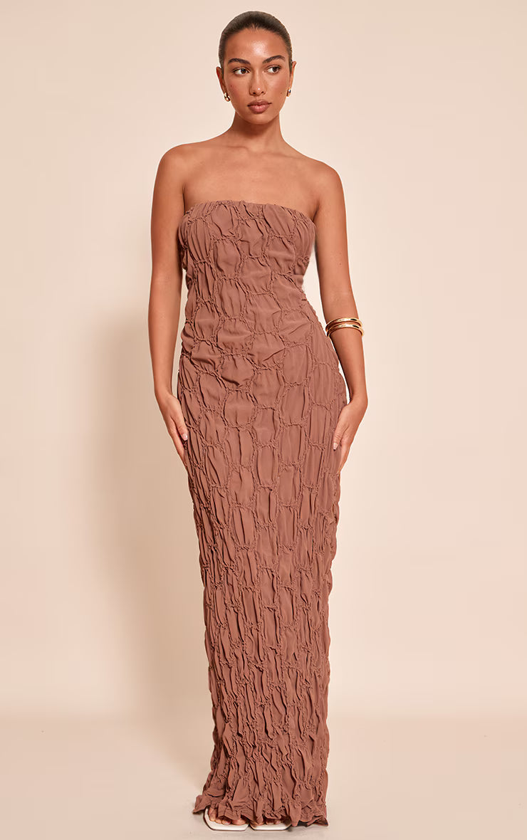 Chocolate Textured Bandeau Maxi Dress