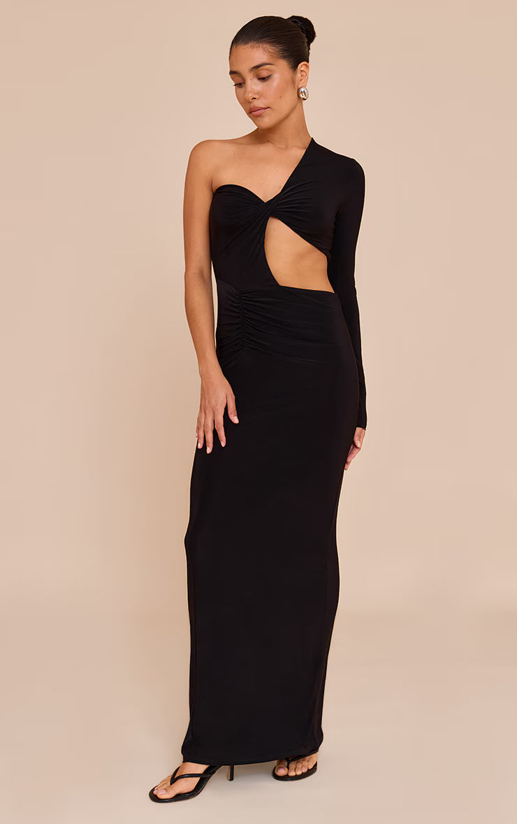 Petite Black One Shoulder Cut Out Ruched Maxi Dress