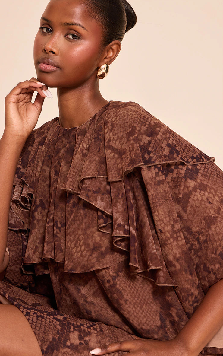 Brown Snake Print Frill Boxy Dress