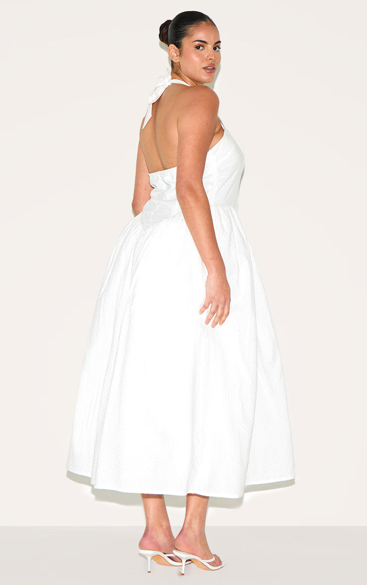 Plus White Embroidered Cotton Halterneck Midaxi Dress