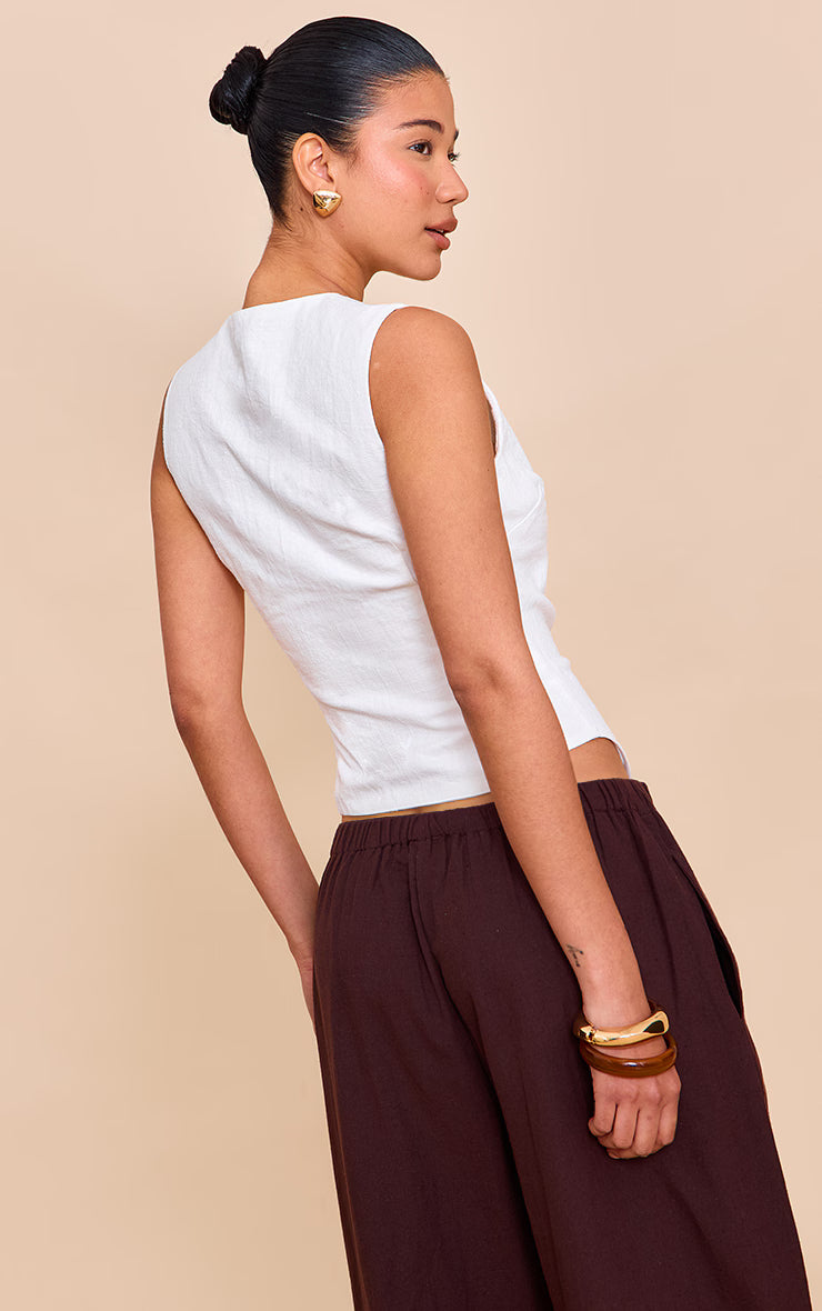 Premium White Linen Blend Button Asymmetric Vest