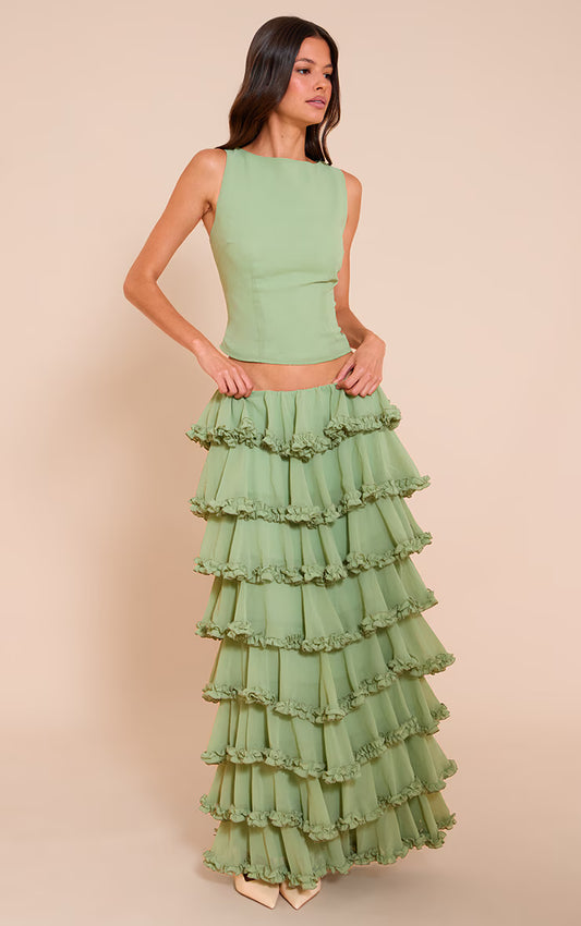 Sage Chiffon Tiered Frill Maxi Skirt