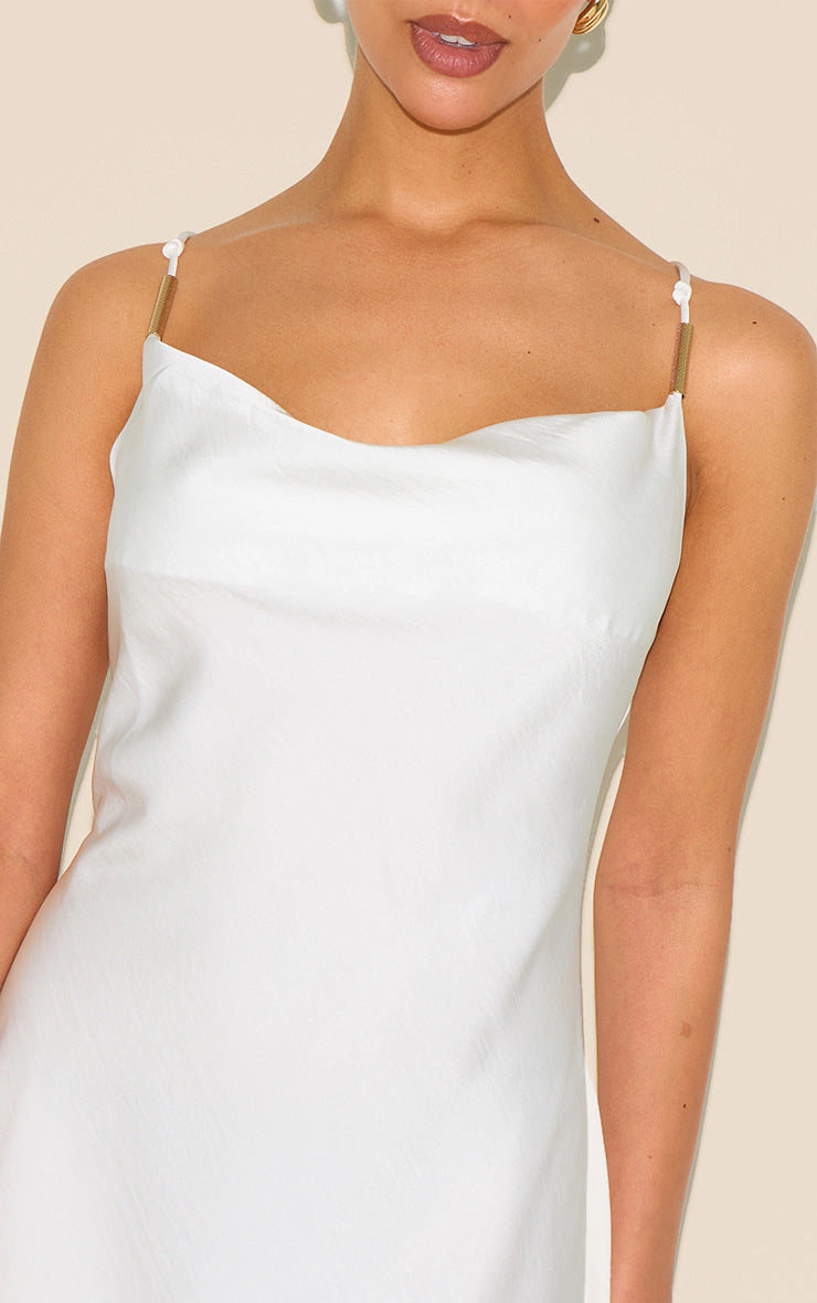 Petite White Cowl Satin Shift Mini Dress With Trim Details