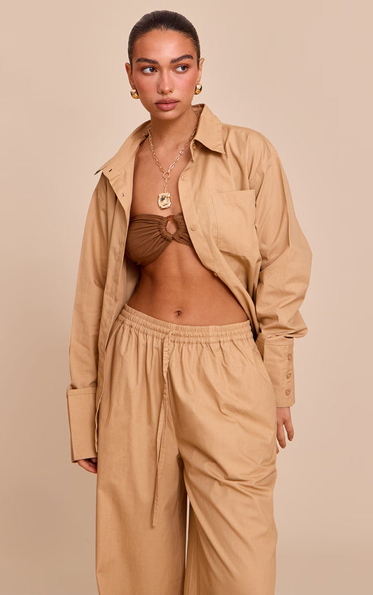 Sand Cotton Poplin Oversized Long Sleeve Shirt