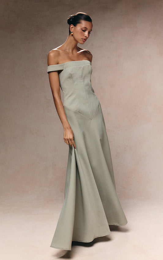 Sage Green Structured Bardot V Waist Maxi Dress