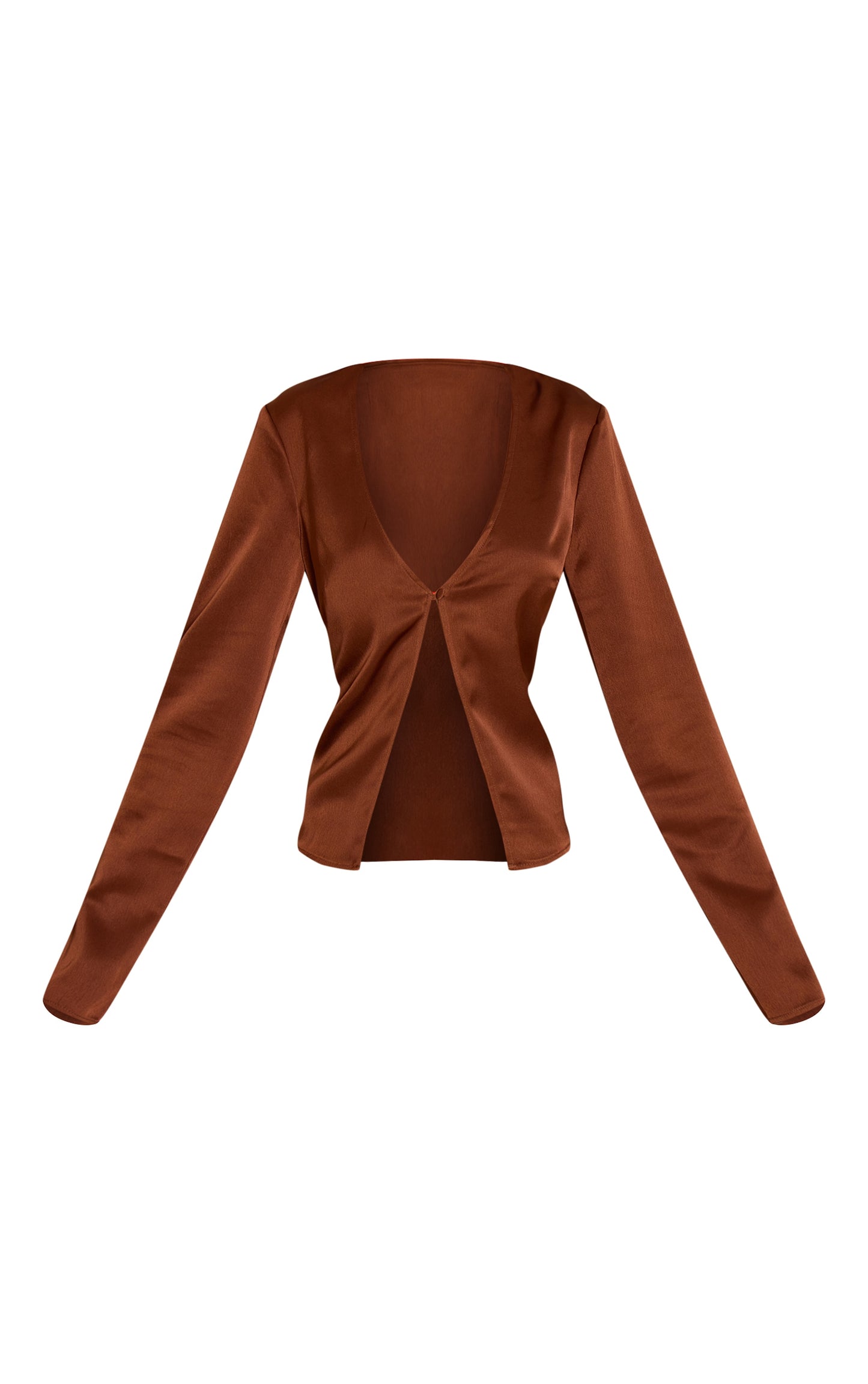 Chocolate Satin Plunge Button Long Sleeve Top