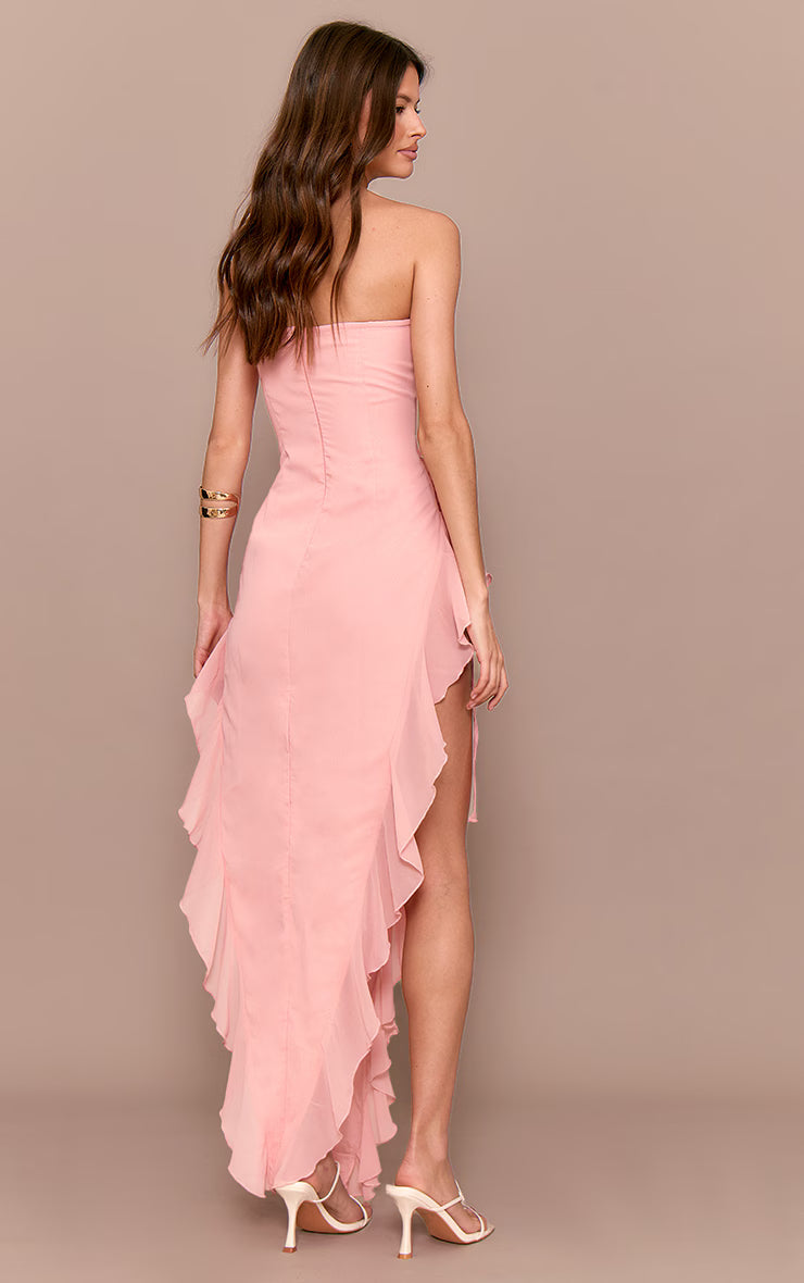 Blush  Floral Bandeau Corsage Frill Detail Midaxi Dress