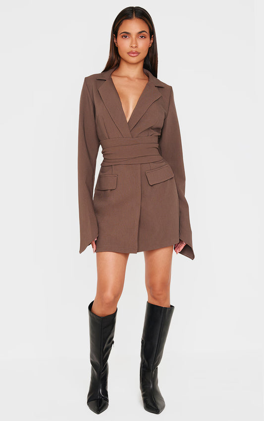 Chocolate Woven Wrap Belted Blazer Dress