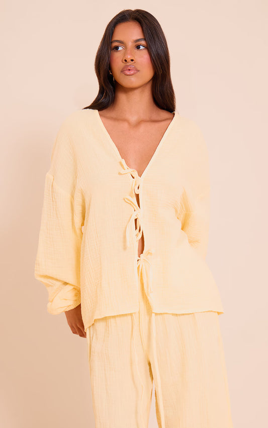 Petite Lemon Cheesecloth Textured Tie Front Shirt