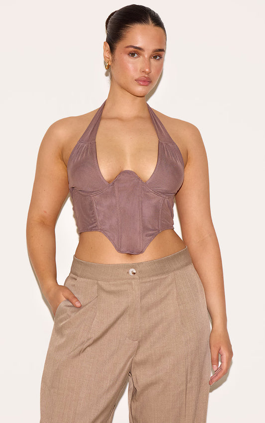 Shape Brown Double Layered Mesh Tie Neck Corset Top
